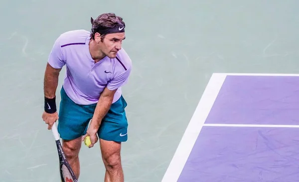 Roger Federer Suíça Serve Contra Diego Schwartzman Argentina Sua Segunda — Fotografia de Stock