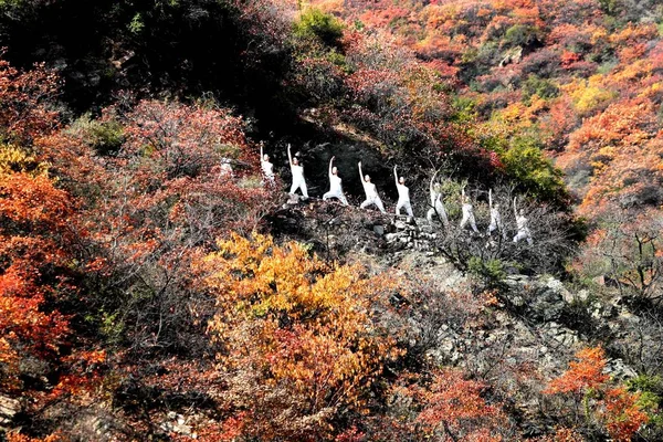 Čínská Jóga Nadšenci Provést Jóga Mount Wangwu Jiyuan City Provincie — Stock fotografie