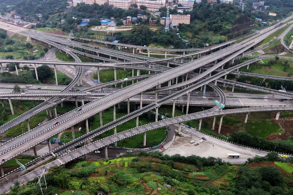 Biler Kører Det Fem Niveau Huangjuewan Overpass Verdens Mest Komplicerede - Stock-foto