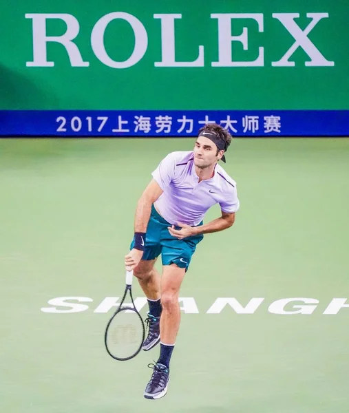 Roger Federer Switzerland Returns Shot Diego Schwartzman Argentina Second Match — Stock Photo, Image