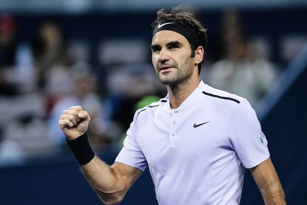 Roger Federer Schweiz Reagerar Efter Scoring Ett Mål Mot Richard — Stockfoto