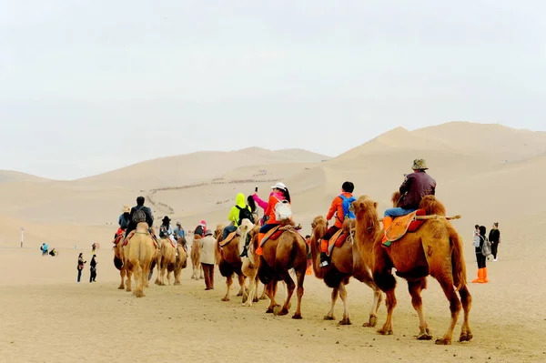 Les Touristes Profitent Une Promenade Chameau Dans Désert Mingshashan Echoing — Photo