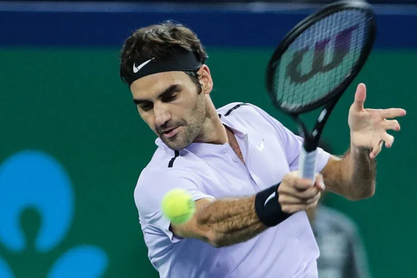 Roger Federer Schweiz Returnerar Ett Skott Till Juan Martin Del — Stockfoto