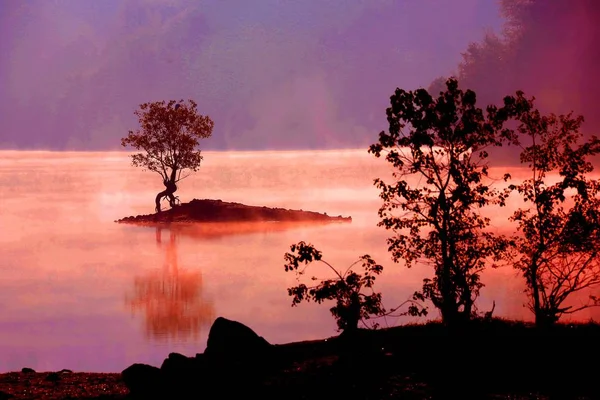 Paisagem Lago Qishu Assombrada Pela Névoa Cidade Huangshan Leste Província — Fotografia de Stock