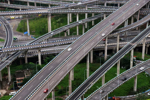 Biler Kører Det Fem Niveau Huangjuewan Overpass Verdens Mest Komplicerede - Stock-foto