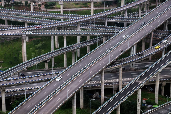 Biler Kører Det Fem Niveau Huangjuewan Overpass Verdens Mest Komplicerede - Stock-foto