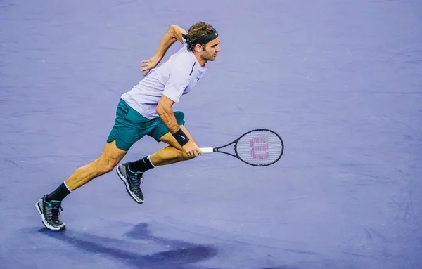 Roger Federer Svájc Visszatér Egy Lövés Diego Schwartzman Argentína Második — Stock Fotó