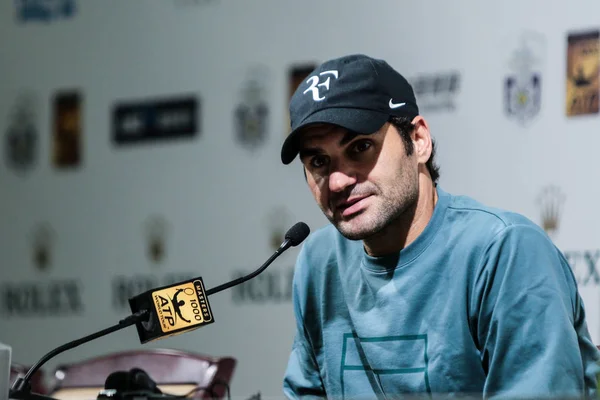 Roger Federer Suíça Assiste Uma Coletiva Imprensa Após Quartas Final — Fotografia de Stock