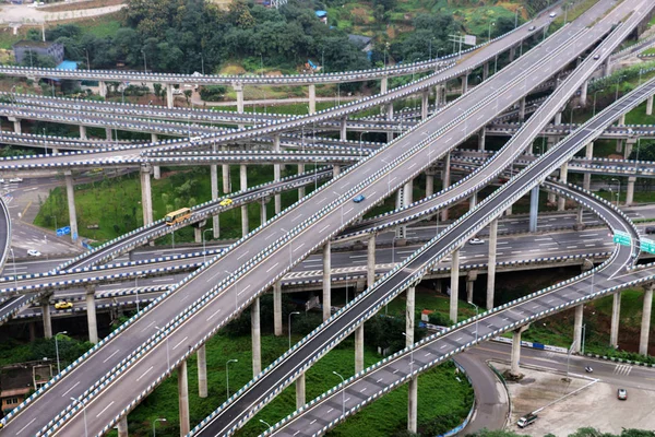 Biler Kører Det Fem Niveau Huangjuewan Overpass Verdens Mest Komplicerede - Stock-foto