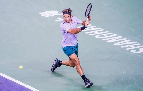 Roger Federer Suíça Devolve Tiro Diego Schwartzman Argentina Sua Segunda — Fotografia de Stock