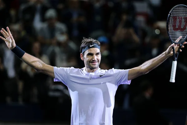 Roger Federer Suiza Celebra Después Derrotar Rafael Nadal España Final — Foto de Stock