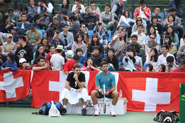 Novak Djokovic Sérvia Direita Stanislas Wawrinka Suíça Participam Uma Sessão — Fotografia de Stock