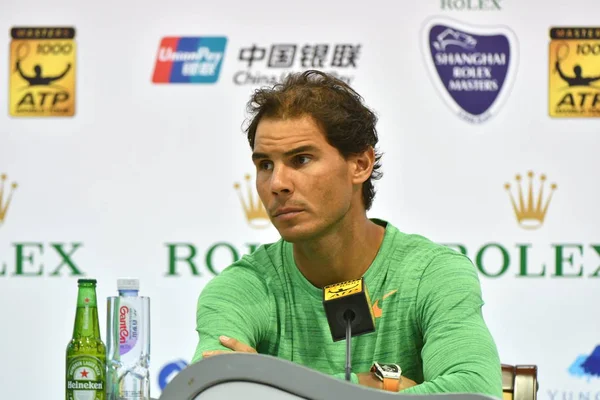 Rafael Nadal España Reacciona Conferencia Prensa Durante Torneo Tenis Shanghai — Foto de Stock