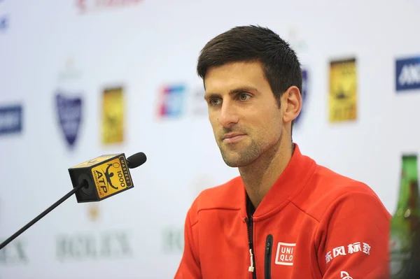 Novak Djokovic Sérvia Participa Uma Conferência Imprensa Depois Derrotar Fabio — Fotografia de Stock