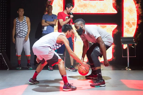Nba Star James Harden Right Plays Basketball Promotional Campaign Adidas — Stock Photo, Image