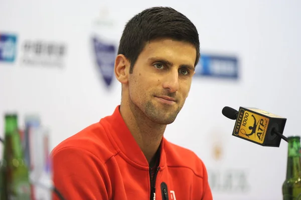 Novak Djokovic Sérvia Participa Uma Conferência Imprensa Depois Derrotar Fabio — Fotografia de Stock