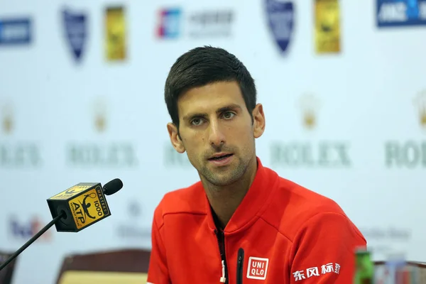 Novak Djokovic Serbii Uczęszcza Konferencji Prasowej Pokonaniu Fabio Fognini Włoch — Zdjęcie stockowe