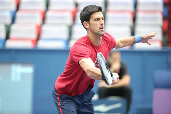 Novak Djokovic Star Serbe Tennis Participe Une Séance Entraînement Lors — Photo