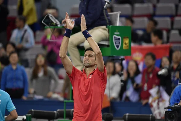 Novak Djokovic Aus Serbien Reagiert Nach Dem Sieg Über Fabio — Stockfoto