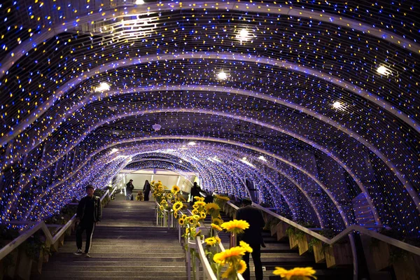 Les Visiteurs Traversent Tunnel Éclairé Par Des Lumières Led Colorées — Photo