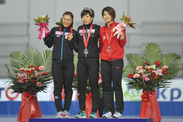 Desde Izquierda Medallista Plata Patinadora Japonesa Maki Tsuji Medallista Oro —  Fotos de Stock
