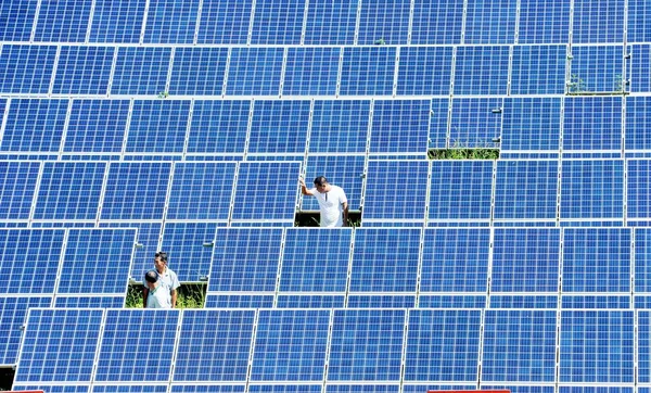 Trabajadores Chinos Revisan Paneles Solares Una Central Fotovoltaica Una Planta —  Fotos de Stock