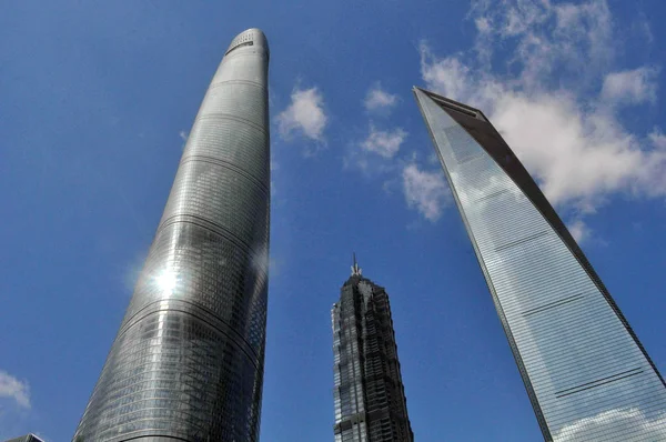 Pohled Zleva Shanghai Tower Jinmao Tower Shanghai World Financial Center — Stock fotografie