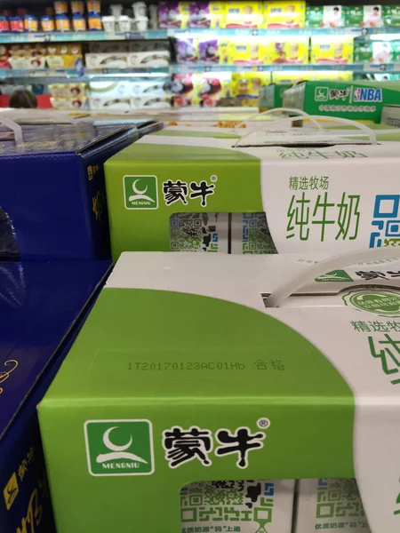 Carton Mengniu Milk Sale Supermarket Shanghai China March 2017 — Stock Photo, Image