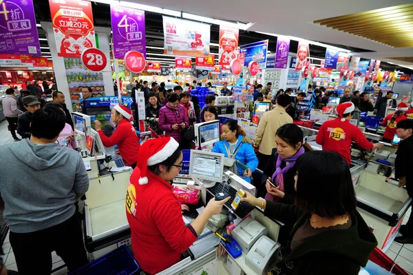 Натовпи Клієнтів Покупки Супермаркеті Ханчжоу Міста Схід Китаю Провінції Чжецзян — стокове фото