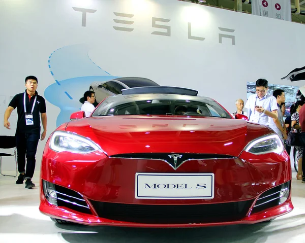 Tesla Model Elektromos Autó Jelenik Meg Egy Kiállítás Alatt Nanjing — Stock Fotó