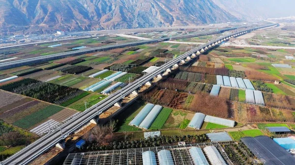 Vista Aérea Del Puente Bailongjiang Derecha Línea Ferroviaria Lanzhou Chongqing — Foto de Stock