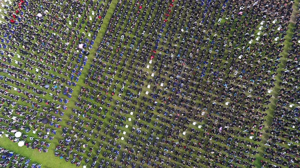 Aerial View Graduates Dressed Academic Gowns Taking Part Graduation Ceremony — Stock Photo, Image