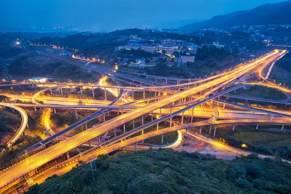 Вид Воздуха Пятиуровневый Путепровод Хуанжуань Ночью Районе Наньань Чунцин Китай — стоковое фото