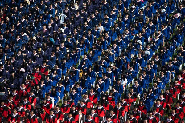 Aerial View Graduates Dressed Academic Gowns Taking Part Graduation Ceremony — Stock Photo, Image