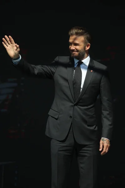 Αγγλικά Ποδόσφαιρο Αστέρι David Beckham Φοιτά Συνέντευξη Τύπου Για Την — Φωτογραφία Αρχείου