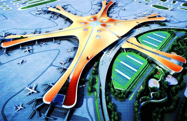 Une Enseigne Montrant Une Reproduction Artistique Nouvel Aéroport Pékin Aéroport — Photo