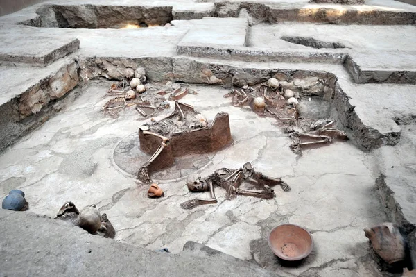 000年前に洪水に見舞われたラジアの初期青銅器時代の考古学的遺跡で発掘された骨格の眺めは ラジア村 グアンティングタウン ミンヘホイ トゥ自治郡 海東市 中国北西部の青海のプロブ — ストック写真