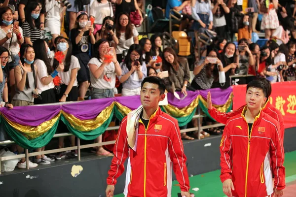 Los Tenistas Mesa Chinos Long Derecha Zhang Jike Participan Evento —  Fotos de Stock