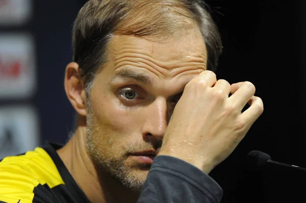 Treinador Thomas Tuchel Borussia Dortmund Reage Uma Conferência Imprensa Depois — Fotografia de Stock
