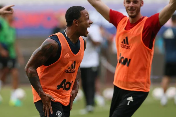 Memphis Frente Manchester United Reage Durante Uma Sessão Treinamento Para — Fotografia de Stock