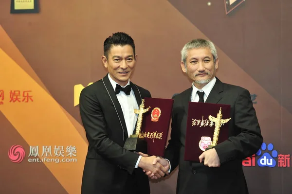 Cantante Actor Hong Kong Andy Lau Izquierda Director Tsui Hark — Foto de Stock