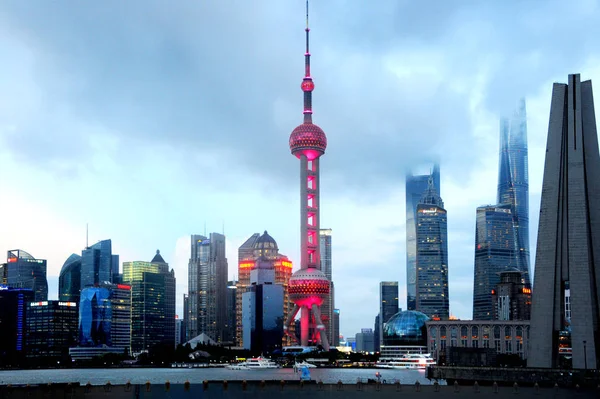 Oriental Pearl Tower Illuminated Red Next Other Skyscrapers Cheer Chinese — Stock Photo, Image