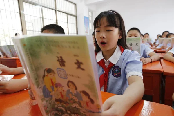 Young Chinese Students Read Aloud Chinese Textbooks Lesson Classroom Primary — Stok fotoğraf
