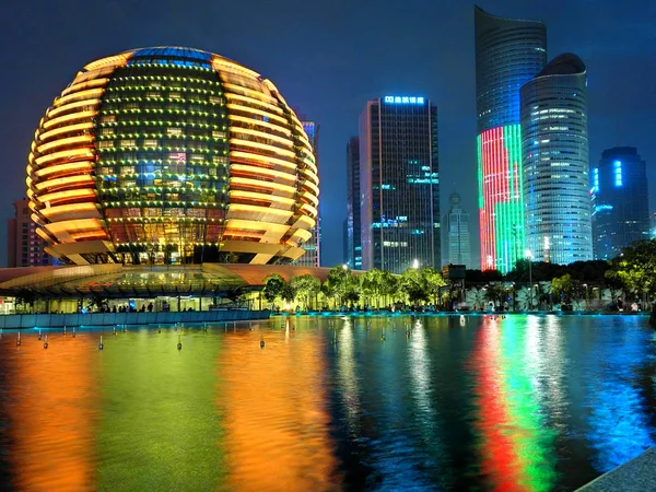 Éjszakai Kilátás Intercontinental Hotel Hangzhou Balra Más Épületek Qianjiang New — Stock Fotó