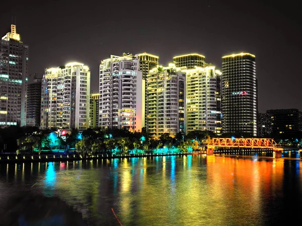 Night View Illuminated High Rise Buildings Hangzhou City East China — Stock Photo, Image