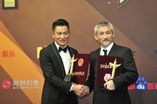 Hong Kong Singer Actor Andy Lau Left Director Tsui Hark — Stock Photo, Image