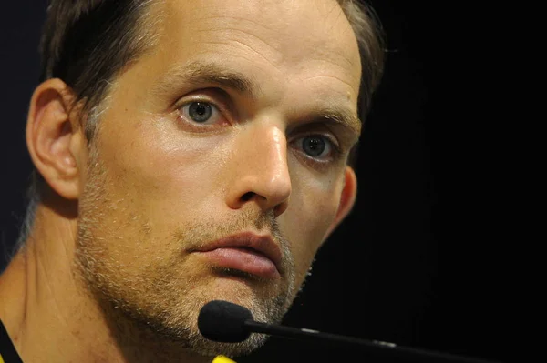 Head Coach Thomas Tuchel Borussia Dortmund Listens Question Press Conference — Stock Photo, Image