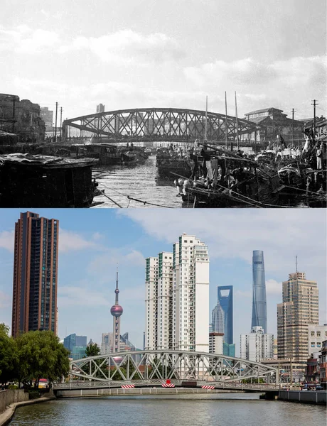 Композитний Фото Показує Старий Сучасний Міст Чжецзян Дорожнього Руху Річці — стокове фото