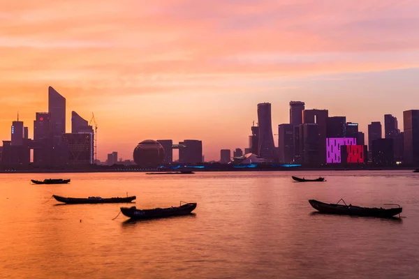 Skyline Arranha Céus Arranha Céus Qianjiang Cidade Nova Pôr Sol — Fotografia de Stock