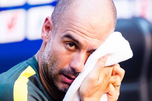 Επικεφαλής Προπονητής Pep Guardiola Της Μάντσεστερ Σίτι Φοιτά Συνέντευξη Τύπου — Φωτογραφία Αρχείου